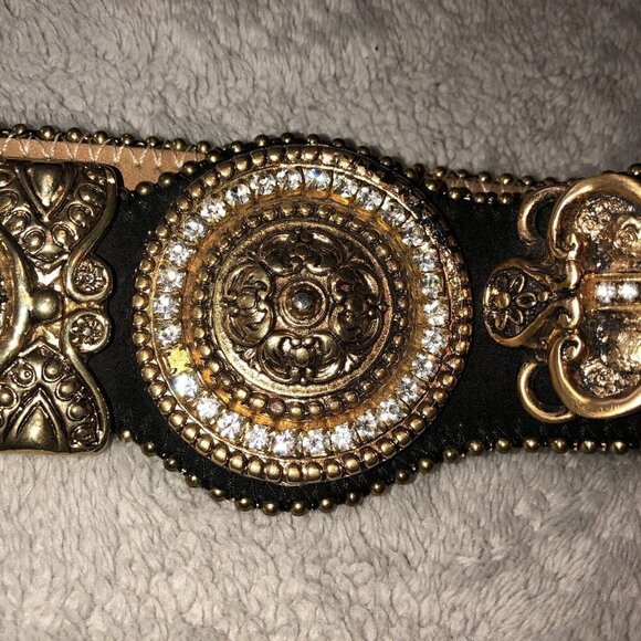 Vintage IBEL Italy Black Suede Adjustable Gold Buckle Details Jewels Waist - Picture 7 of 11